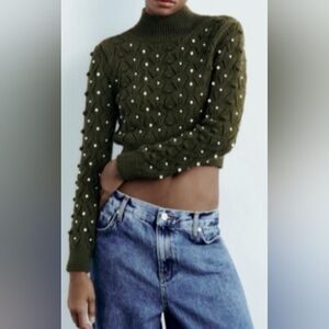 Zara Olive Turtleneck faux pearls diamond cable knit crop sweater Open Back L